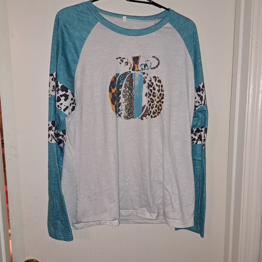 Stylish Teal and White Long Sleeve Top with Pumpkin Print